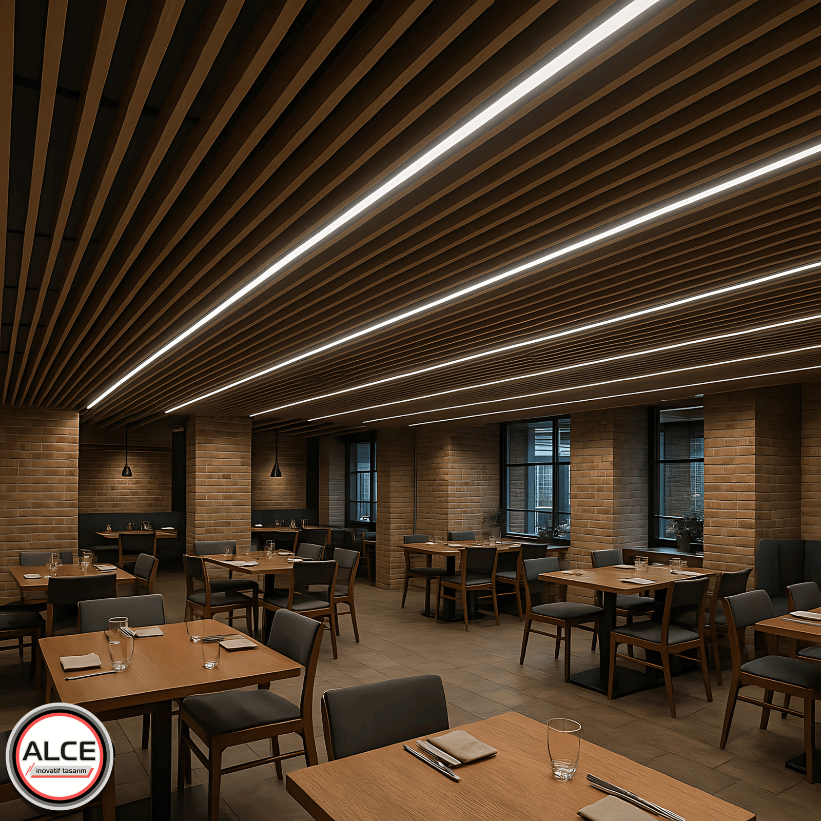 Restoranlarda sıcak bir atmosfer oluşturan bu kahverengi ahşap görünümlü metal baffle asma tavan sistemi, lineer LED aydınlatmalarla yemek alanlarını öne çıkarırken estetik, akustik ve hijyen avantajlarını bir arada sunar – Alce İnovatif Tasarım